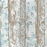 Vliesové tapety na zeď Neu Bude dřevěný obklad hnědý s modrou květinovou aplikací