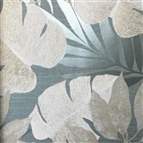 Luxusní vliesové tapety na zeď Avalon listy s béžovýmí květy na šedo-modrém podkladu - POSLEDNÍ KUS