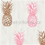 Vliesové tapety na zeď Il Decoro ananasy měděné a růžové na bílém podkladu - POSLEDNÍ KUSY