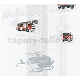 Dětské vliesové tapety na zeď Little Stars hasiči a vrtulník na šedém podkladu - POSLEDNÍ KUSY