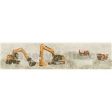 Dětské vliesové bordury Little Stars stavební stroje oranžové na hnědém podkladu - POSLEDNÍ KUS
