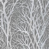 Vliesové tapety na zeď větve stromů stříbrné na šedém podkladu