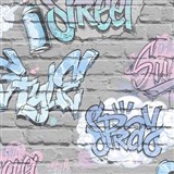 Papírové tapety na zeď Freestyle grafitti růžové na šedé cihlové stěně