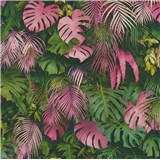 Vliesové tapety na zeď Greenery palmové listy a listy Monstera růžovo-zelené
