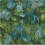 Vliesové tapety na zeď Greenery palmové listy a listy Monstera modro-zelené