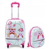 Dětský kufr vysoký na kolečkách + batoh - sovy