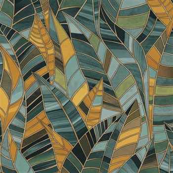 Vliesové tapety na zeď ELLE DECORATION 4 stylizované listy zeleno-žluté