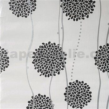 Samolepící fólie květy černé se stříbrnými vlnovkami 45 cm x 10 m