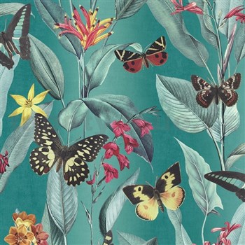 Papírové tapety na zeď IMPOL motýli na zeleném metalickém podkladu