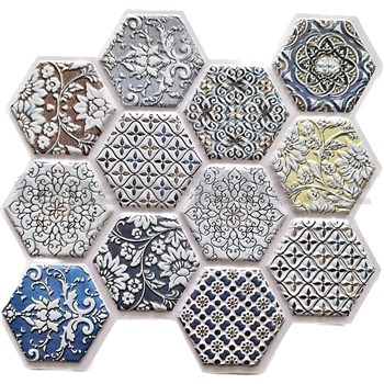 Samolepící PVC 3D panely rozměr 30 x 30 cm, 3D hexagony s ornamenty modré-hnědé - POSLEDNÍ KUSY