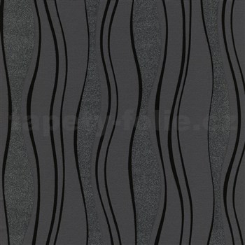 Vliesové tapety na zeď vlnovky černé s kovovým efektem a třpytkami