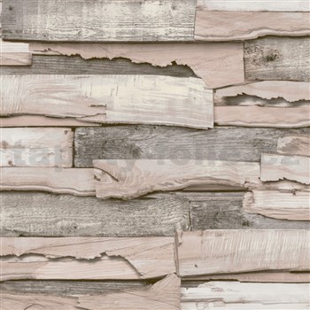 Vliesové tapety na zeď IMPOL Wanderlust 3D dřevěný obklad hnědý s růžovou patinou