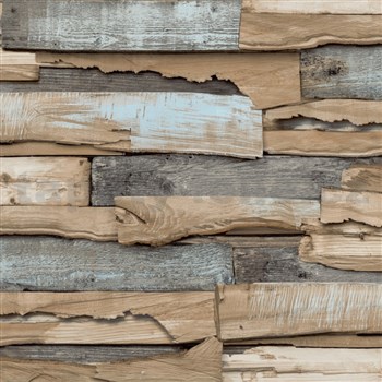 Vliesové tapety na zeď IMPOL Wanderlust 3D dřevěný obklad hnědý s tyrkysovou patinou