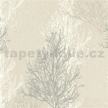Vinylové tapety na zeď Adelaide stromky šedo-bílé na krémovém podkladu