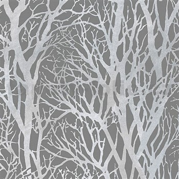 Vliesové tapety na zeď větve stromů stříbrné na šedém podkladu