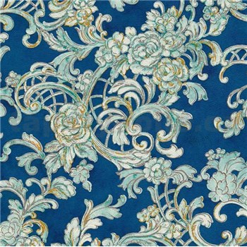 Vliesové tapety na zeď Kind Of White ornamenty s květy na modrém podkladu - POSLEDNÍ KUSY