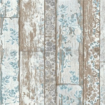 Vliesové tapety na zeď Neu Bude dřevěný obklad hnědý s modrou květinovou aplikací