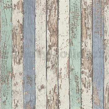 Vliesové tapety na zeď Wood´n Stone dřevěné latě zelené, modré, bílé