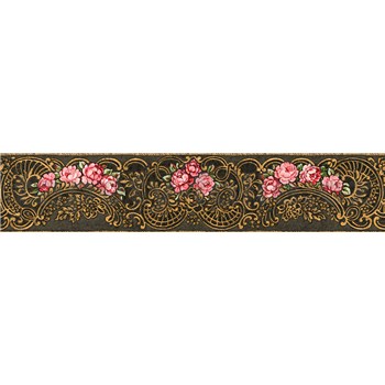 Vliesové bordury IMPOL růže se zlatými ornamenty na černém podkladu 5 m x 13,5 cm