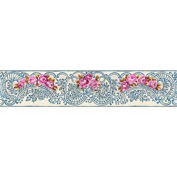 Vliesové bordury IMPOL růže se modrými ornamenty na bílém podkladu 5 m x 13,5 cm