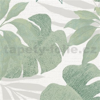 Luxusní vliesové tapety na zeď Avalon listy s květy zelené na bílém podkladu - POSLEDNÍ KUSY