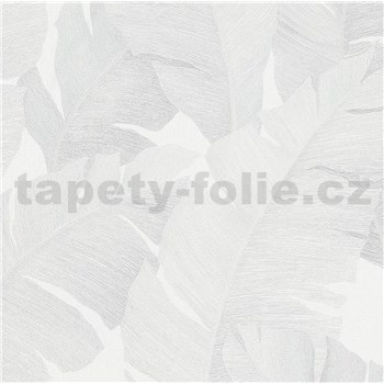 Luxusní vliesové tapety na zeď Avalon velké listy světle šedé na bílém podkladu