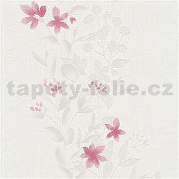 Vliesové tapety na zeď Blooming růžové květy se zelenými listy na bílém podkladu