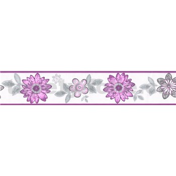 Samolepící bordura květy s lístky fialovo-šedé 5 m x 5,8 cm