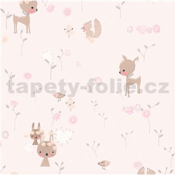 Papírové tapety na zeď Boys & Girls lesní zvířátka na růžovém podkladu - POSLEDNÍ KUS