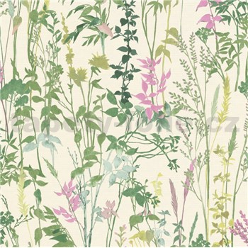 Vliesové tapety na zeď Casual Chic florální vzor zelený na krémovém podkladu