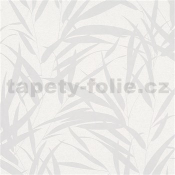 Vliesové tapety na zeď Ella bambusové listy stříbrné na bílé textilní struktuře