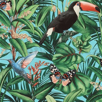Vliesové tapety na zeď IMPOL Paradisio 2 fauna a flora na tyrkysovém podkladu