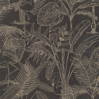 Vliesové tapety na zeď IMPOL plameňáci a flóra zlatý motiv na hnědém podkladu - POSLEDNÍ KUSY