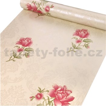 Samolepící tapety růžové květy na krémovém podkladu 45 cm x 10 m