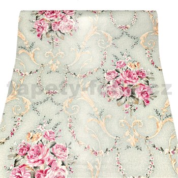 Samolepící tapety růžičky s ornamenty na zeleném podkladu 45 cm x 10 m