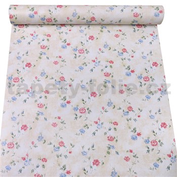 Samolepící tapety růžičky modro-červené na krémovém podkladu 45 cm x 10 m
