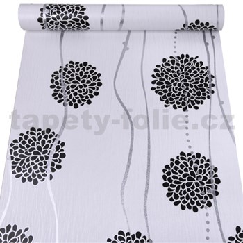Samolepící tapety černé květy se stříbrnými vlnovkami 45 cm x 10 m