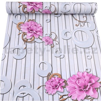 Samolepící tapety růžové pivoňky s ornamenty a pruhy 45 cm x 10 m