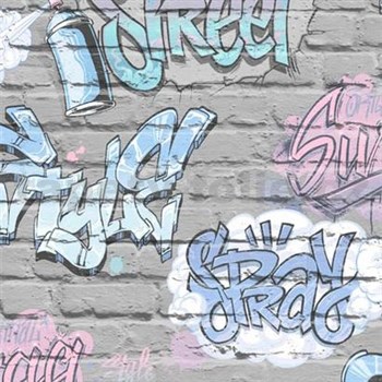 Papírové tapety na zeď Freestyle grafitti růžové na šedé cihlové stěně
