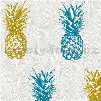 Vliesové tapety na zeď Il Decoro ananasy modré a žluté na bílém podkladu