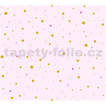 Dětské vliesové tapety na zeď Little Stars tečky zlaté a růžové na růžovém podkladu