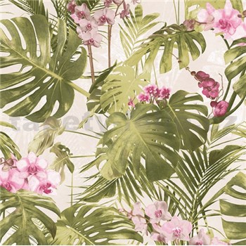 Vliesové tapety na zeď MyRiad palmové listy s růžovými květy orchidejí na bílém podkladu 