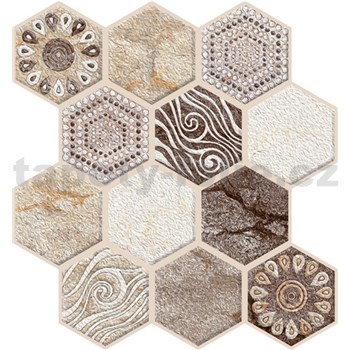 Samolepící PVC 3D panely rozměr 30 x 30 cm, hexagony s ornamenty hnědé - POSLEDNÍ KUSY