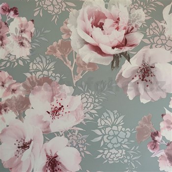 Papírové tapety na zeď IMPOL růžové květy na šedém podkladu