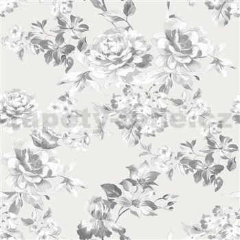 Luxusní papírové tapety na zeď IMPOL matné bílo-šedé květy na stříbrném podkladu