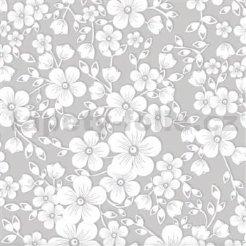 Ubrusy návin 20 m x 140 cm bílé květy na šedém podkladu