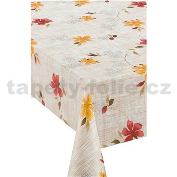 Ubrus metráž návin 20 m x 140 cm červeno-žluté květy na hnědém podkladu