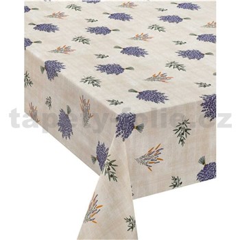 Ubrusy návin 20 m x 140 cm levandule a olivy na hnědém podkladu