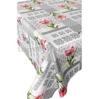 Ubrus metráž ornamenty hnědé s růžovými květinami