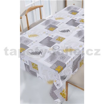 Ubrus metráž kapradí šedo-žluté s ornamenty